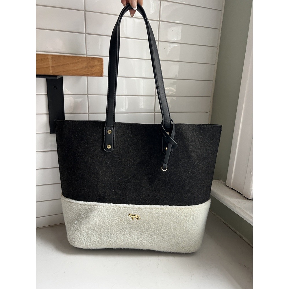 Emma Fox Caspian Shoulder Bag Tote Large Felt Sherpa Gray Cream Purse Trendy - Picture 5 of 9